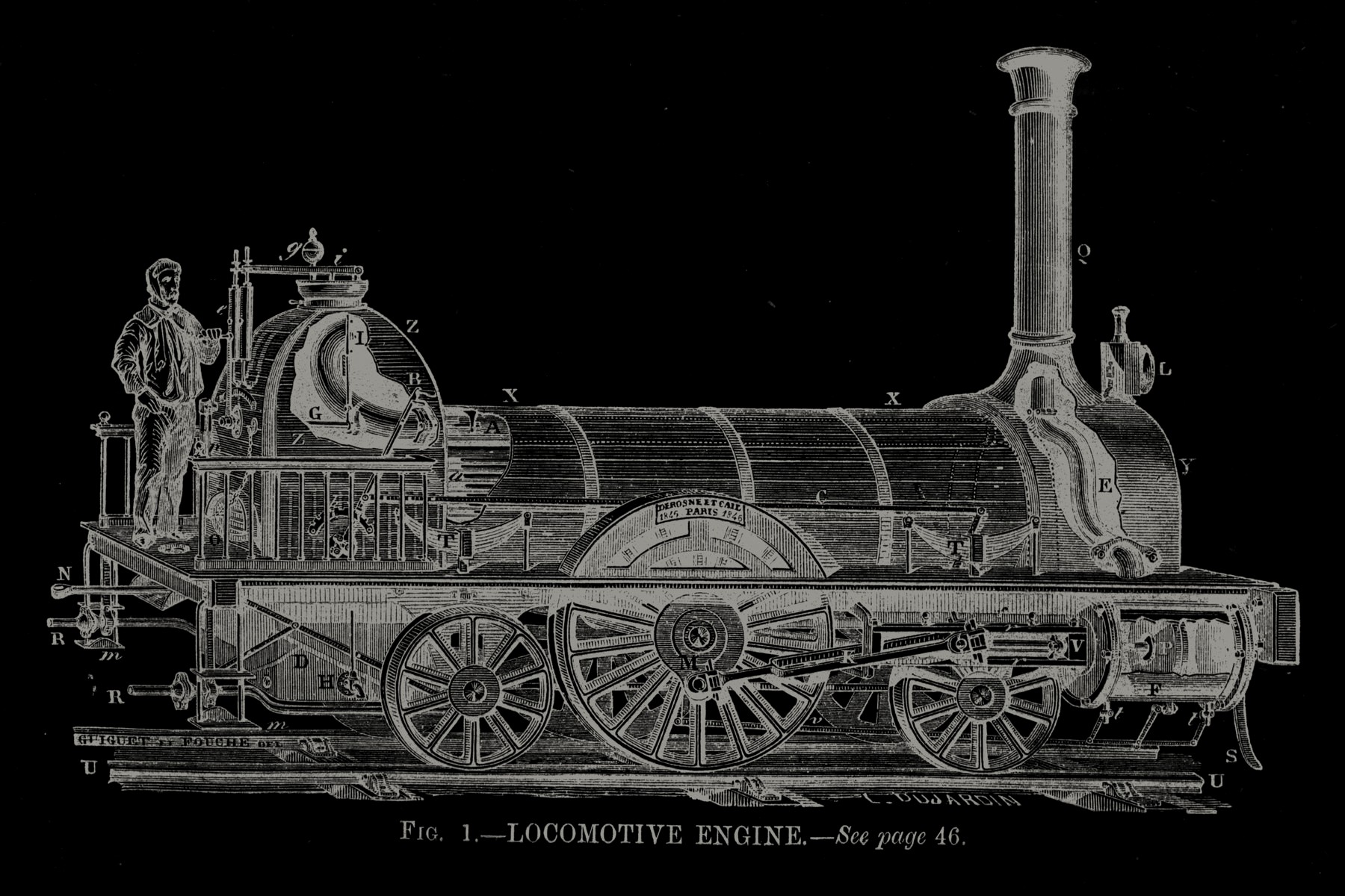 19th-century engraving of a locomotive engine